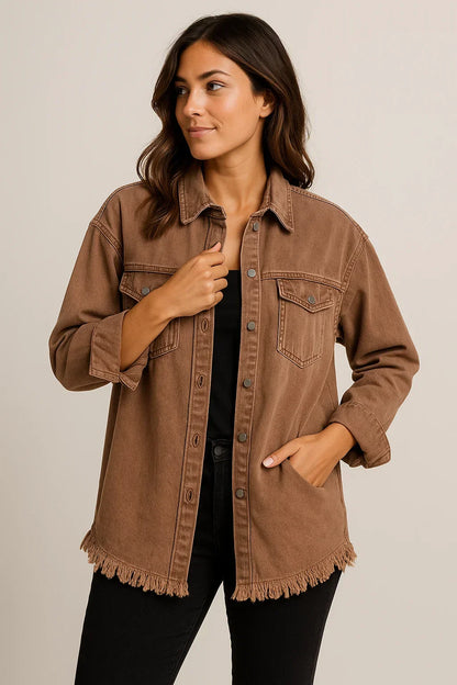 Rustic Frayed Hem Denim Shacket