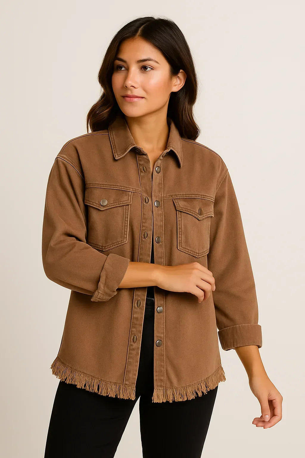 Rustic Frayed Hem Denim Shacket