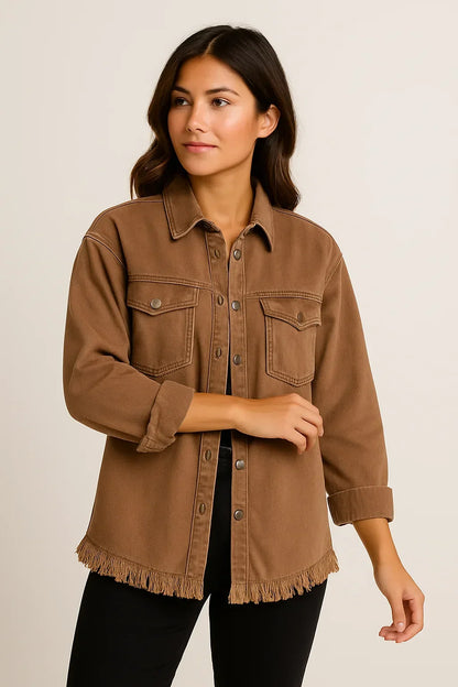 Rustic Frayed Hem Denim Shacket