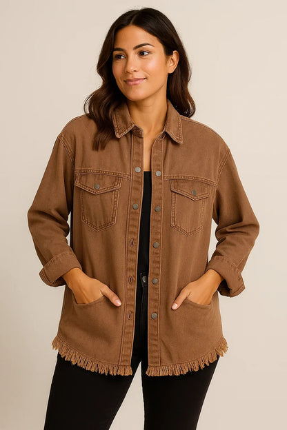 Rustic Frayed Hem Denim Shacket