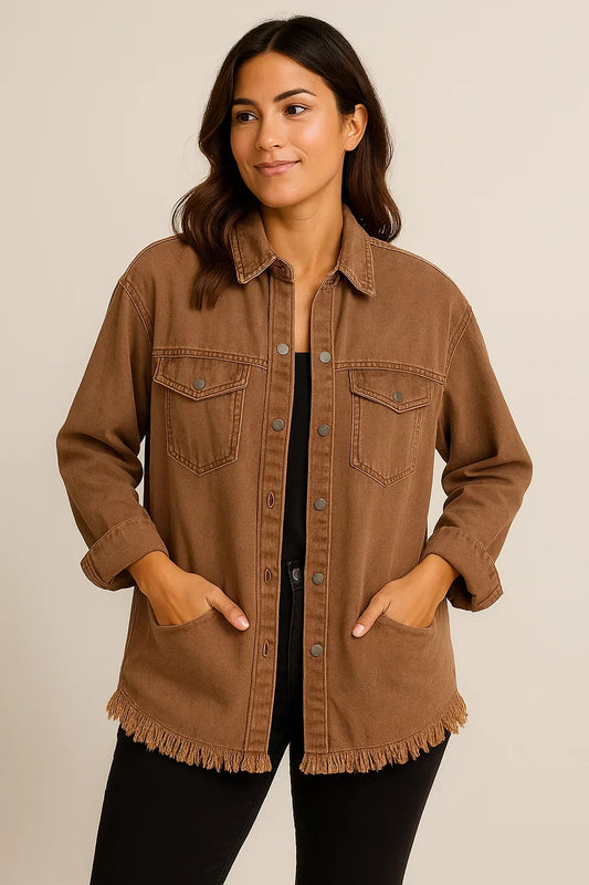 Rustic Frayed Hem Denim Shacket