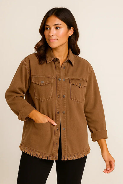 Rustic Frayed Hem Denim Shacket